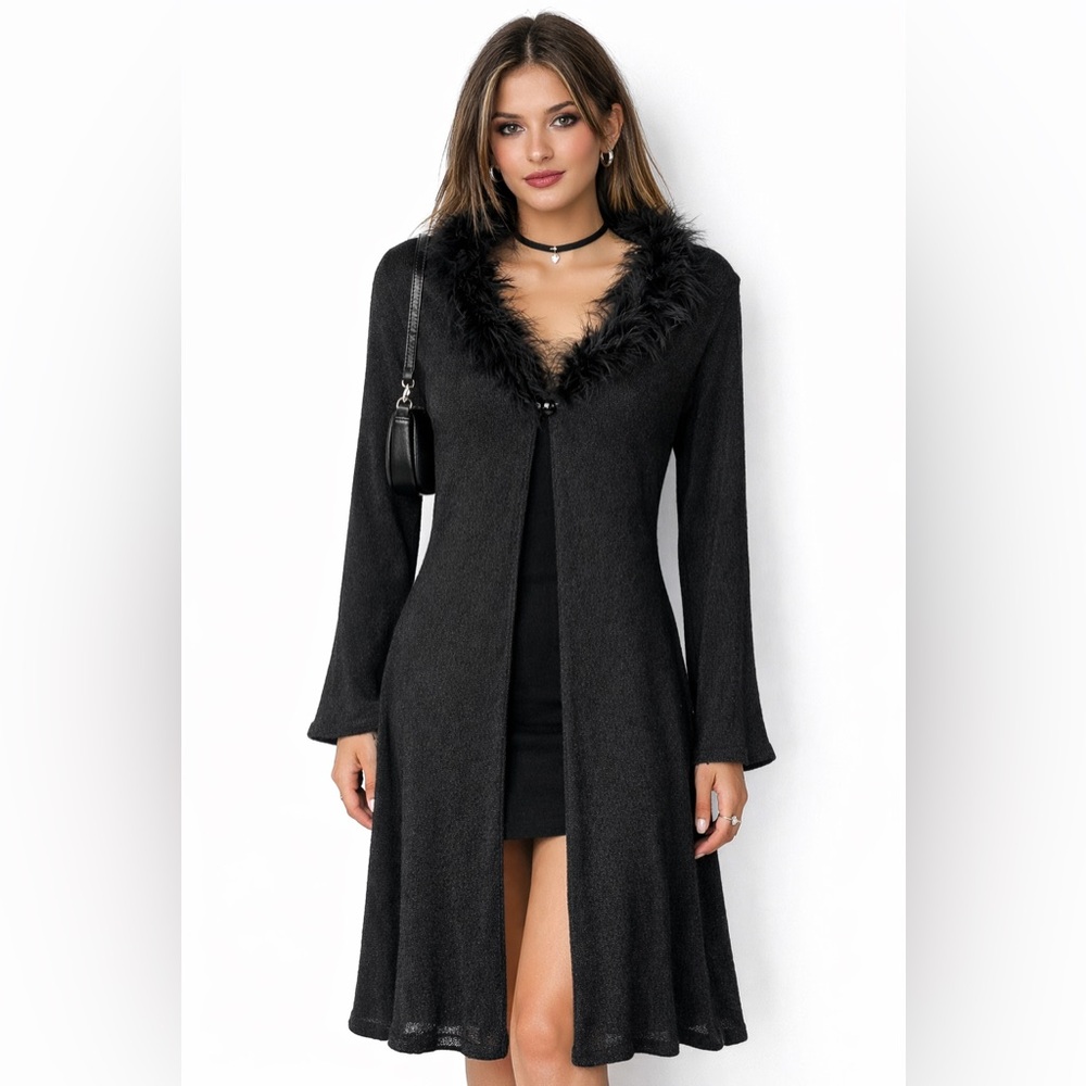 Vintage Love Kisses USA Feather Trim Longline Cardigan Duster Black Y2K L (S-M)
